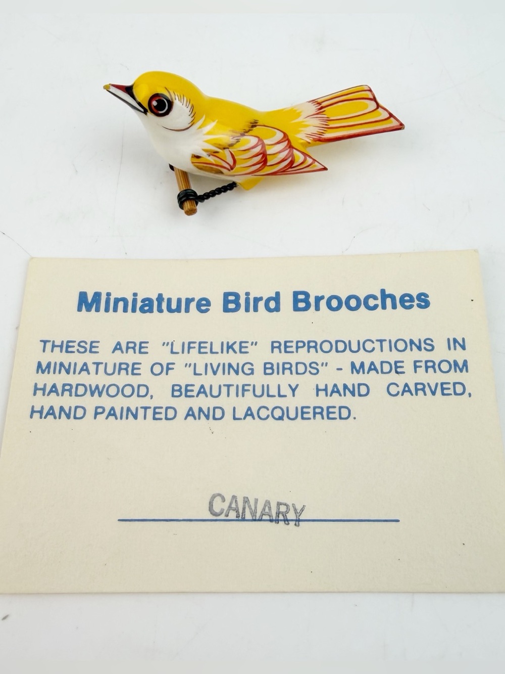 Vtg Hand Carved Wood Brooch Pin Bird Canary Miniature Wire Legs Lacquered MCM